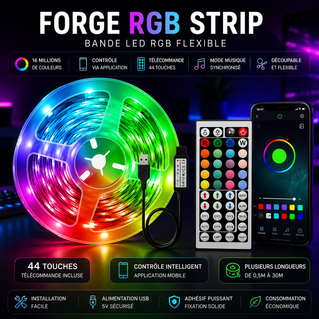 🌈 Forge Bande LED RGB USB – Éclairage Ambiant pour Setup Gaming
