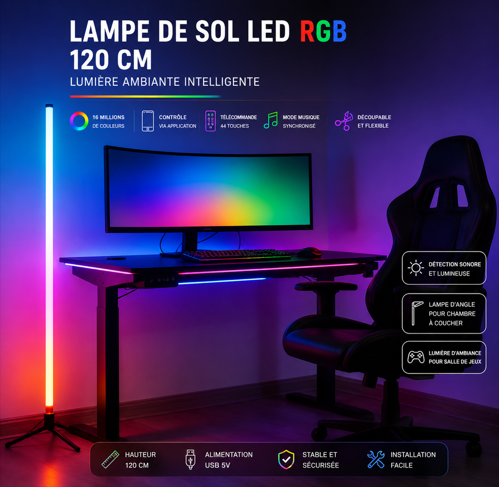 Lampe de Sol LED RGB 120 cm – Éclairage Ambiant Intelligent pour Setup Gaming