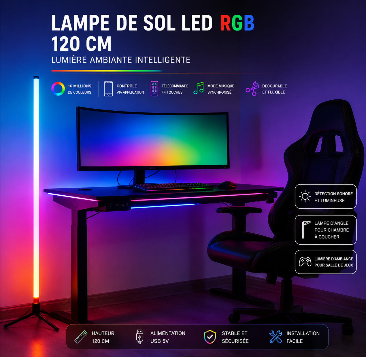 Lampe de Sol LED RGB 120 cm – Éclairage Ambiant Intelligent pour Setup Gaming