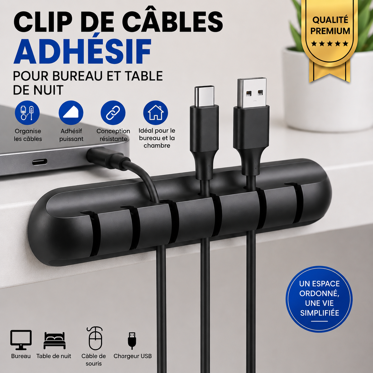 Clip de Câbles Adhésif – Organisateur de Câbles pour Bureau & Setup Gaming