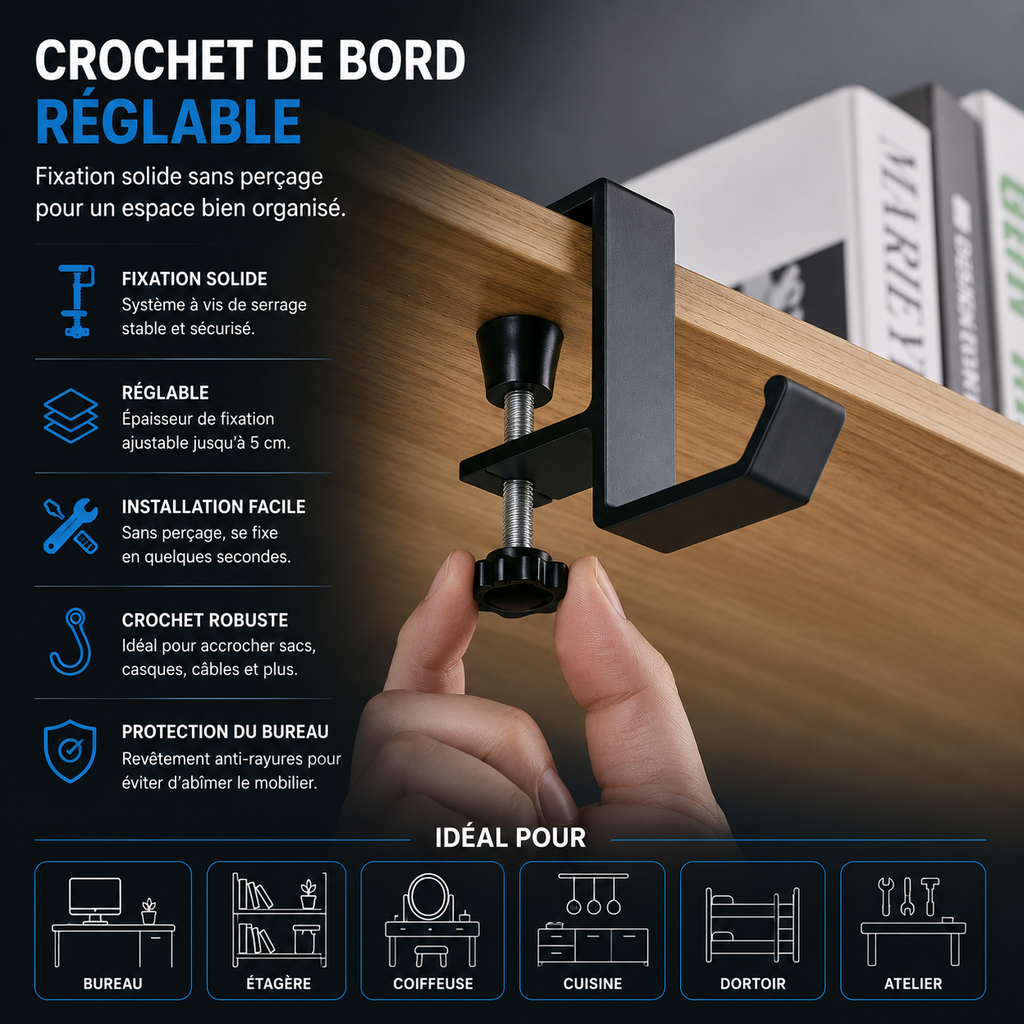 Forge Desk Hook – Crochet de Bureau Réglable Sans Perçage