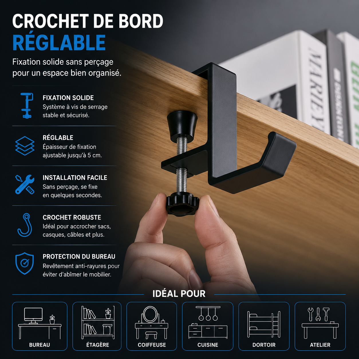 Forge Desk Hook – Crochet de Bureau Réglable Sans Perçage