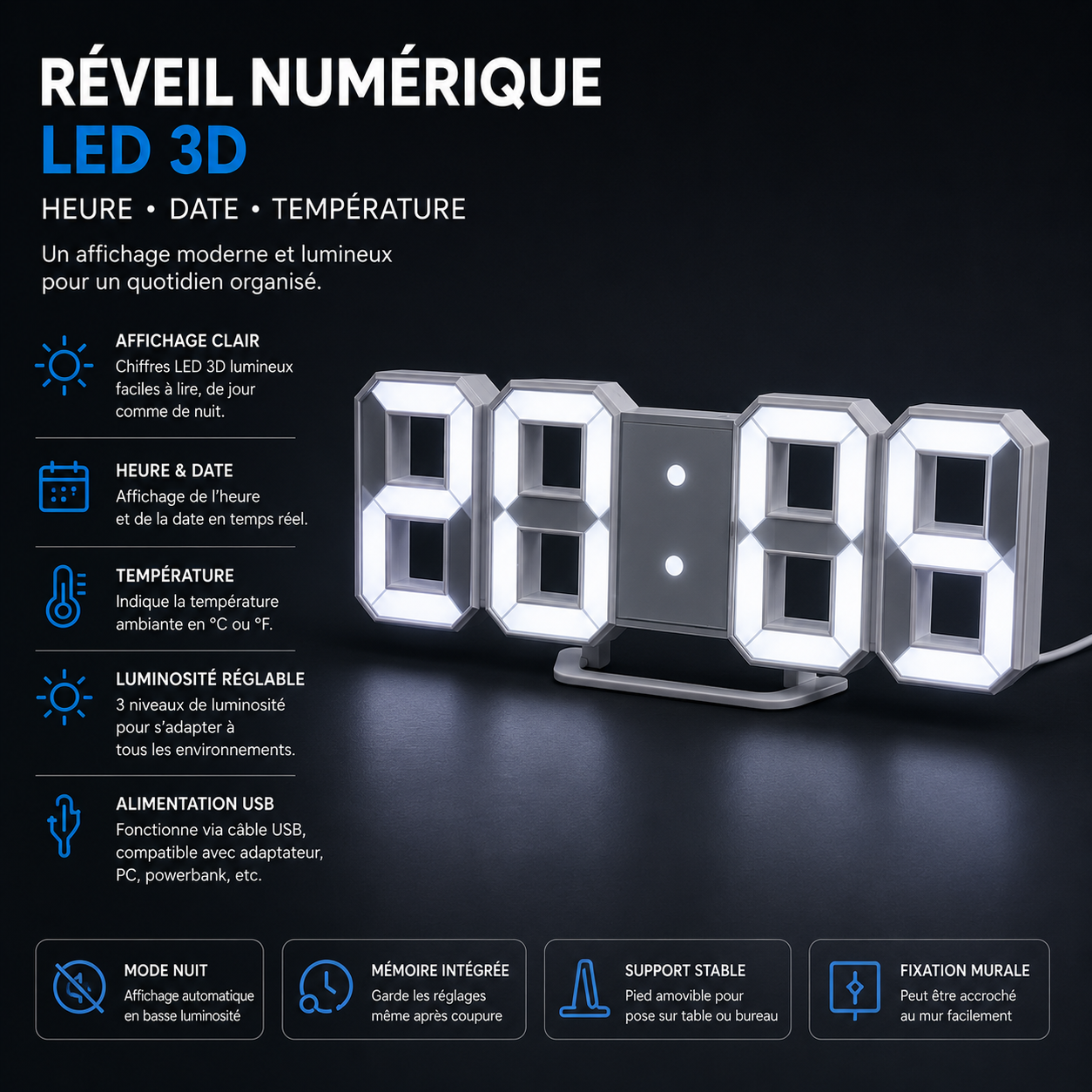 Forge Clock 3D – Réveil Numérique LED avec Heure, Date & Température